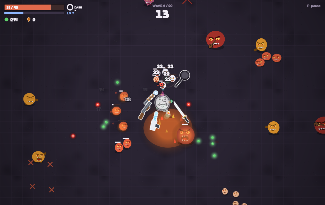 ExtermiNate gameplay: the player in a crowd of pests, weapons swinging, a pool of fire